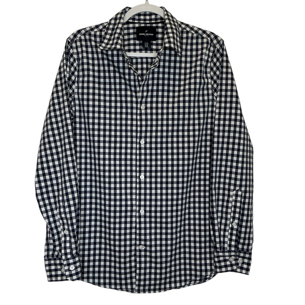 Men's Daniel Hechter Paris Checkered Long Sleeve Shirt Navy & White Medium